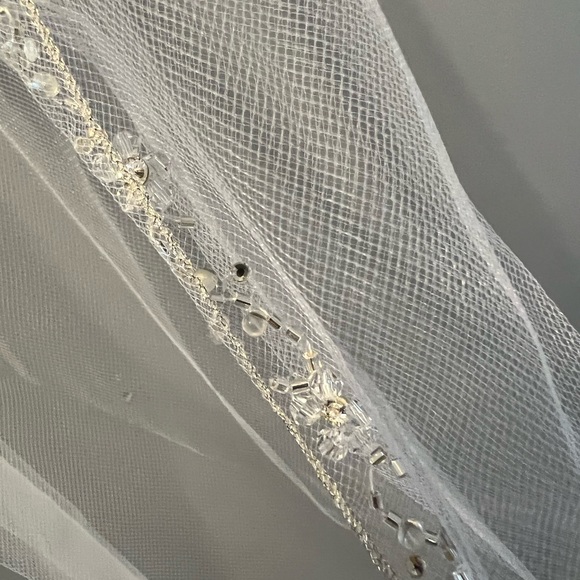 Fingertip wedding veil, white, flower trim beading and silver trim main image 5